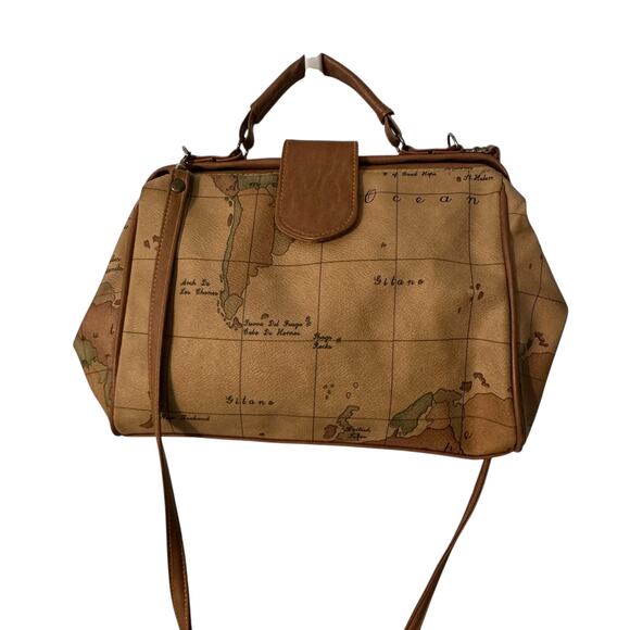 Gitano Vintage Structured World Map Print Bag Purse Vegan Leather Atlas Camel - Picture 1 of 10
